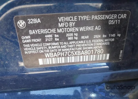 2011 BMW 328I from USA, damaged, VIN WBAPH7C5XBA801780